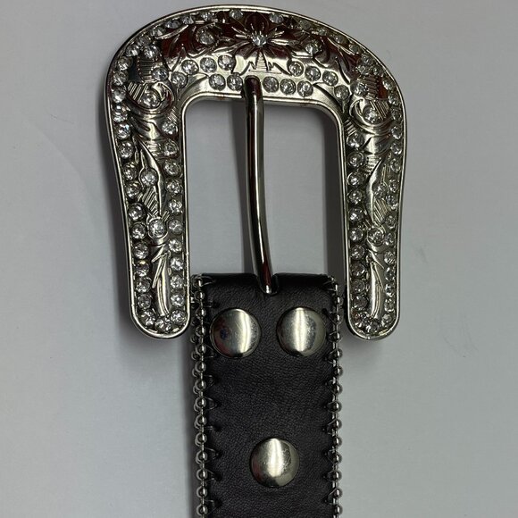 BHW Western Amber Bling Cowgirl Belt Gen Leather Sz L 36-38 Brown Silver Rodeo - Picture 4 of 16